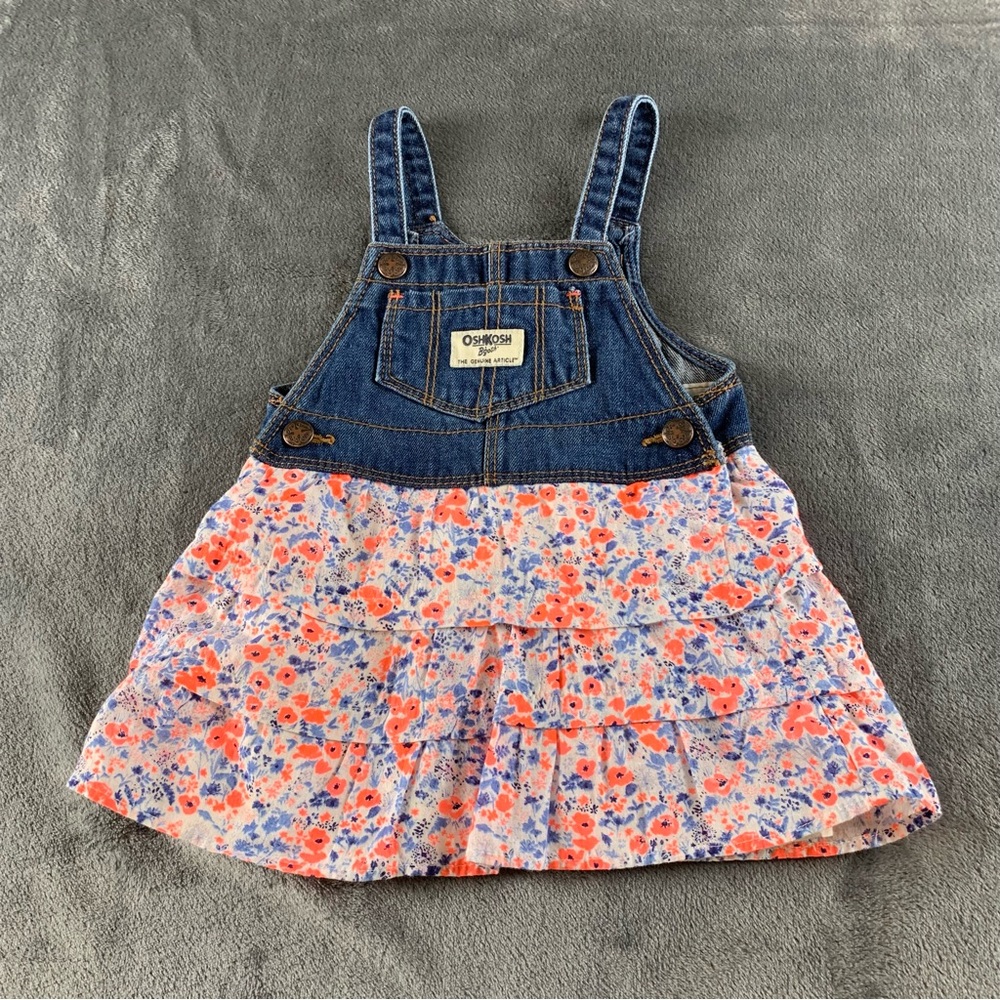 Oshkosh Vintage Romper Denim‎ Bib Top With Floral Ruffle Skirt Size 12 Months
